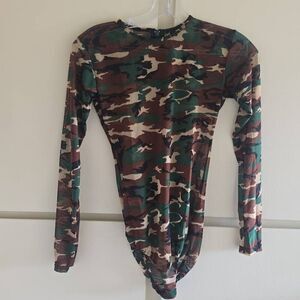 Forplay Camouflage L/S Zip Back Bodysuit, Grn/Brn/Blk, NWT, XS/S